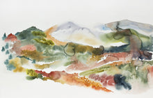 Load image into Gallery viewer, 26” x 40” original watercolor abstract landscape painting of mountains and autumn or fall leaves in an expressive, impressionist, minimalist, modern style by contemporary fine artist Elizabeth Becker. Muted earth tones. 
