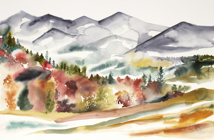 26” x 40” original watercolor abstract landscape painting of mountains and autumn or fall leaves in an expressive, impressionist, minimalist, modern style by contemporary fine artist Elizabeth Becker. Muted earth tones. Yellow ochre, soft red, olive green, gray and white colors.