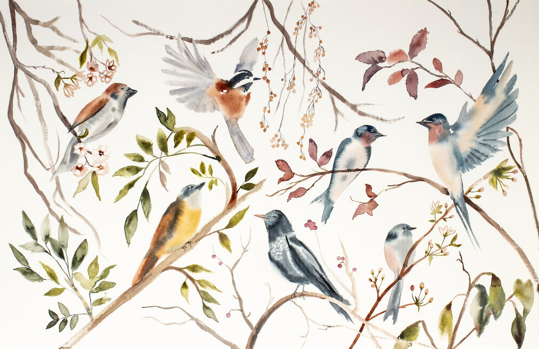 26” x 40” original watercolor painting. Flock of birds on branches. Large-scale wildlife illustration in an expressive modern style by contemporary fine artist Elizabeth Becker. Neutral olive green, gray and white colors.