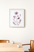 Load image into Gallery viewer, 12” x 16” original watercolor botanical queen anne&#39;s lace wildflower painting in an ethereal, expressive, impressionist, minimalist, modern style by contemporary fine artist Elizabeth Becker. Deep maroon, burgundy and white colors. Framed.
