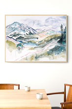 Load image into Gallery viewer, 26” x 37” original watercolor abstract landscape painting of Colorado mountains in an ethereal, expressive, impressionist, minimalist, modern style by contemporary fine artist Elizabeth Becker. Prints available. Framed.
