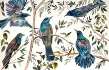 Load image into Gallery viewer, 26” x 40” original watercolor ink painting of grackles / crows / black birds in branches. Large-scale wildlife illustration in an expressive modern style by contemporary fine artist Elizabeth Becker. Moody monochromatic dark blue, olive green, purple and white colors.
