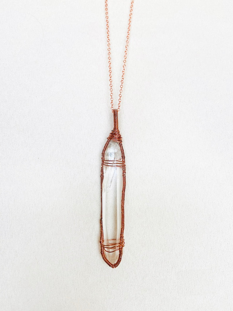 Clear Quartz & Wire-Wrapped Copper Pendant Necklace. Genuine Real Raw Crystal Gemstone, Sourced in Asheville, North Carolina. Minimalist Modern Bohemian Design. Authentic One-of-a-Kind Handmade Jewelry.