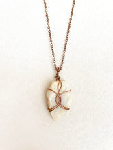 Load image into Gallery viewer, White Quartz &amp; Mica Wire-Wrapped Copper Pendant Necklace. Genuine Real Raw Crystal Gemstone. Foraged Rock Found on a Hike near Asheville in Western North Carolina. Minimalist Modern Bohemian Criss-Cross Design. Authentic One-of-a-Kind Handmade Jewelry.
