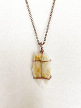 Load image into Gallery viewer, White Quartz &amp; Mica Wire-Wrapped Copper Pendant Necklace. Genuine Real Raw Crystal Gemstone. Foraged Rock Found on a Hike near Asheville in Western North Carolina. Minimalist Modern Bohemian Criss-Cross Design. Authentic One-of-a-Kind Handmade Jewelry.
