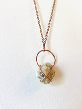 Load image into Gallery viewer, White Quartz &amp; Mica Wire-Wrapped Copper Pendant Necklace. Genuine Real Raw Crystal Gemstone. Foraged Rock Found on a Hike near Asheville in Western North Carolina. Minimalist Modern Bohemian Style with Circle and Criss-Cross X Design. Authentic One-of-a-Kind Handmade Jewelry.
