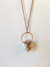 Load image into Gallery viewer, White Quartz &amp; Mica Wire-Wrapped Copper Pendant Necklace. Genuine Real Raw Crystal Gemstone. Foraged Rock Found on a Hike near Asheville in Western North Carolina. Minimalist Modern Bohemian Style with Circle and Criss-Cross X Design. Authentic One-of-a-Kind Handmade Jewelry.
