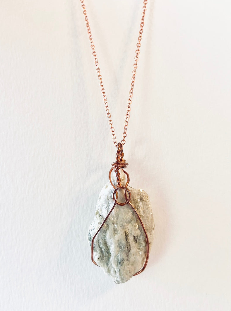 White Quartz & Mica Wire-Wrapped Copper Pendant Necklace. Genuine Real Raw Crystal Gemstone. Foraged Rock Found on a Hike near Asheville in Western North Carolina. Minimalist Modern Bohemian Style with Circle Design. Authentic One-of-a-Kind Handmade Jewelry.