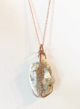 Load image into Gallery viewer, White Quartz &amp; Mica Wire-Wrapped Copper Pendant Necklace. Genuine Real Raw Crystal Gemstone. Foraged Rock Found on a Hike near Asheville in Western North Carolina. Minimalist Modern Bohemian Style with Circle Design. Authentic One-of-a-Kind Handmade Jewelry.
