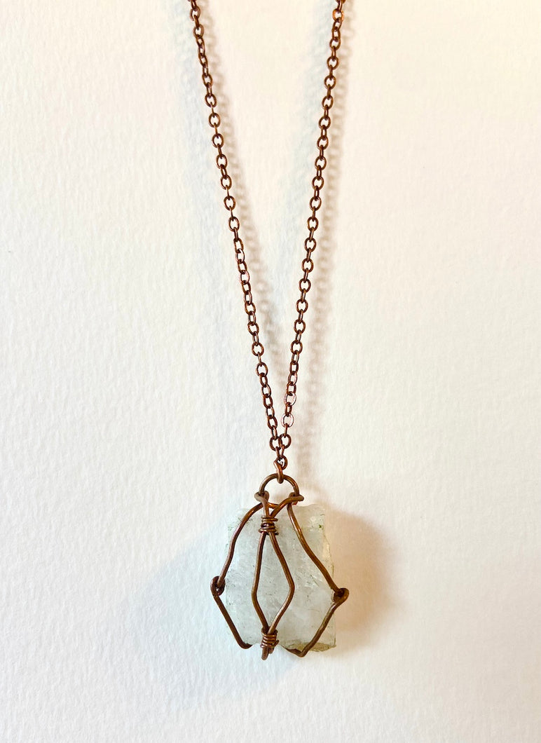 White Quartz Pendant Necklace in Wire Wrapped Antique Copper. Genuine Real Raw Crystal Gemstone Found on a Hike near Asheville, North Carolina. Minimalist Modern Bohemian Style. Small Geometric Square with Criss-Cross Diamond Design. Authentic One-of-a-Kind Simple Handmade Jewelry.