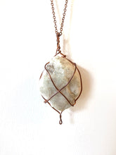 Load image into Gallery viewer, White Quartz &amp; Mica Wire-Wrapped Copper Pendant Necklace. Genuine Real Raw Crystal Gemstone. Foraged Rock Found on a Hike near Asheville in Western North Carolina. Minimalist Modern Bohemian Style with Circle Design. Authentic One-of-a-Kind Handmade Jewelry.
