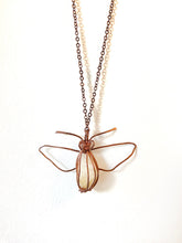 Load image into Gallery viewer, White Quartz &amp; Mica Wire-Wrapped Copper Honey Bee Pendant Necklace. Genuine Real Raw Crystal Gemstone. Foraged Rock Found on a Hike near Asheville in Western North Carolina. Minimalist Modern Bohemian Insect Design. Authentic One-of-a-Kind Handmade Jewelry.

