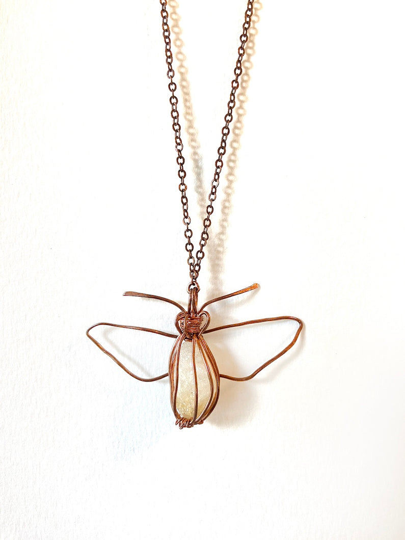 White Quartz & Mica Wire-Wrapped Copper Honey Bee Pendant Necklace. Genuine Real Raw Crystal Gemstone. Foraged Rock Found on a Hike near Asheville in Western North Carolina. Minimalist Modern Bohemian Insect Design. Authentic One-of-a-Kind Handmade Jewelry.