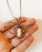 Load image into Gallery viewer, White Quartz &amp; Mica Wire-Wrapped Copper Honey Bee Pendant Necklace. Genuine Real Raw Crystal Gemstone. Foraged Rock Found on a Hike near Asheville in Western North Carolina. Minimalist Modern Bohemian Insect Design. Authentic One-of-a-Kind Handmade Jewelry.
