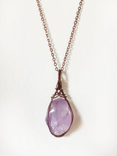 Load image into Gallery viewer, Amethyst Wire-Wrapped Copper Pendant Necklace. Genuine Real Raw Purple Crystal Gemstone Sourced in Asheville, North Carolina. Minimalist Modern Bohemian Style with Criss-Cross Design. Authentic One-of-a-Kind Handmade Jewelry.
