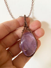 Load image into Gallery viewer, Amethyst Wire-Wrapped Copper Pendant Necklace. Genuine Real Raw Purple Crystal Gemstone Sourced in Asheville, North Carolina. Minimalist Modern Bohemian Style with Criss-Cross Design. Authentic One-of-a-Kind Handmade Jewelry.
