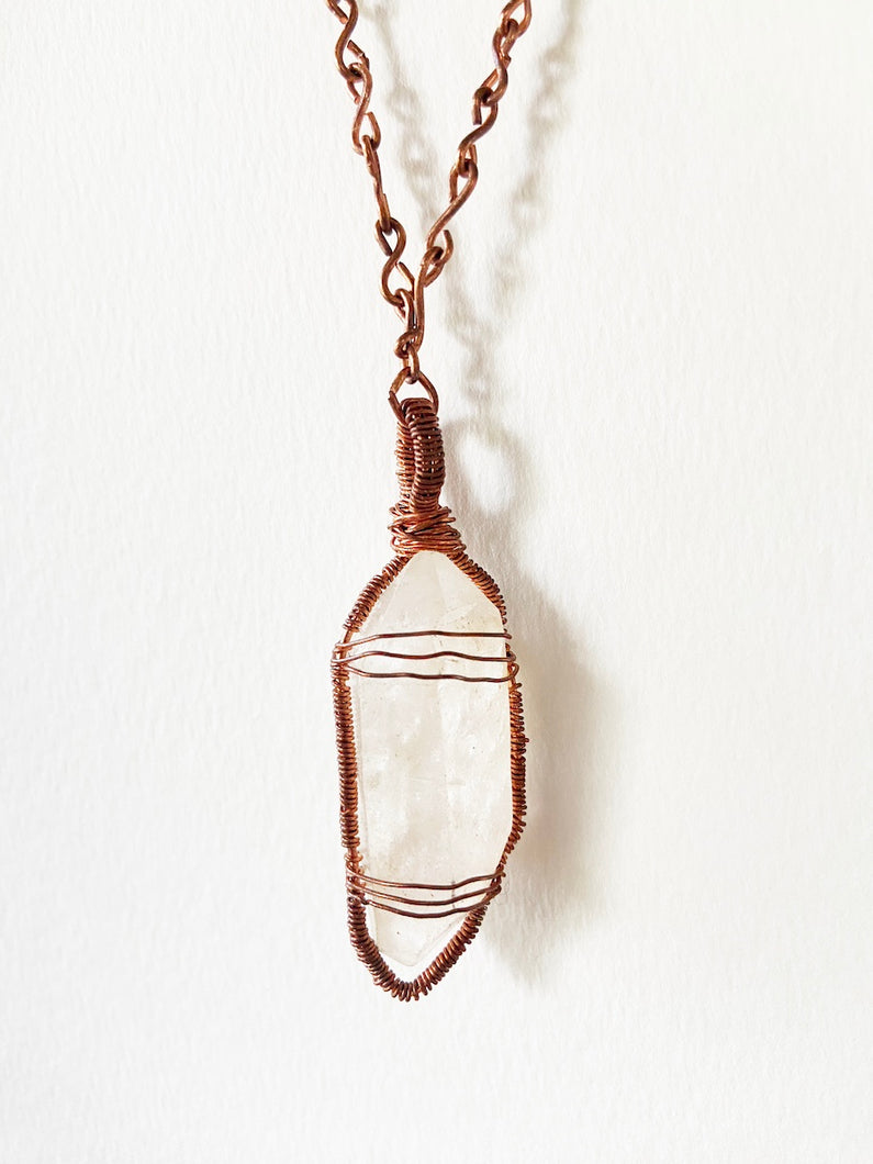 Clear Quartz & Wire-Wrapped Copper Pendant Necklace. Genuine Real Raw Crystal Gemstone, Sourced in Asheville, North Carolina. Minimalist Modern Bohemian Design. Authentic One-of-a-Kind Handmade Jewelry.