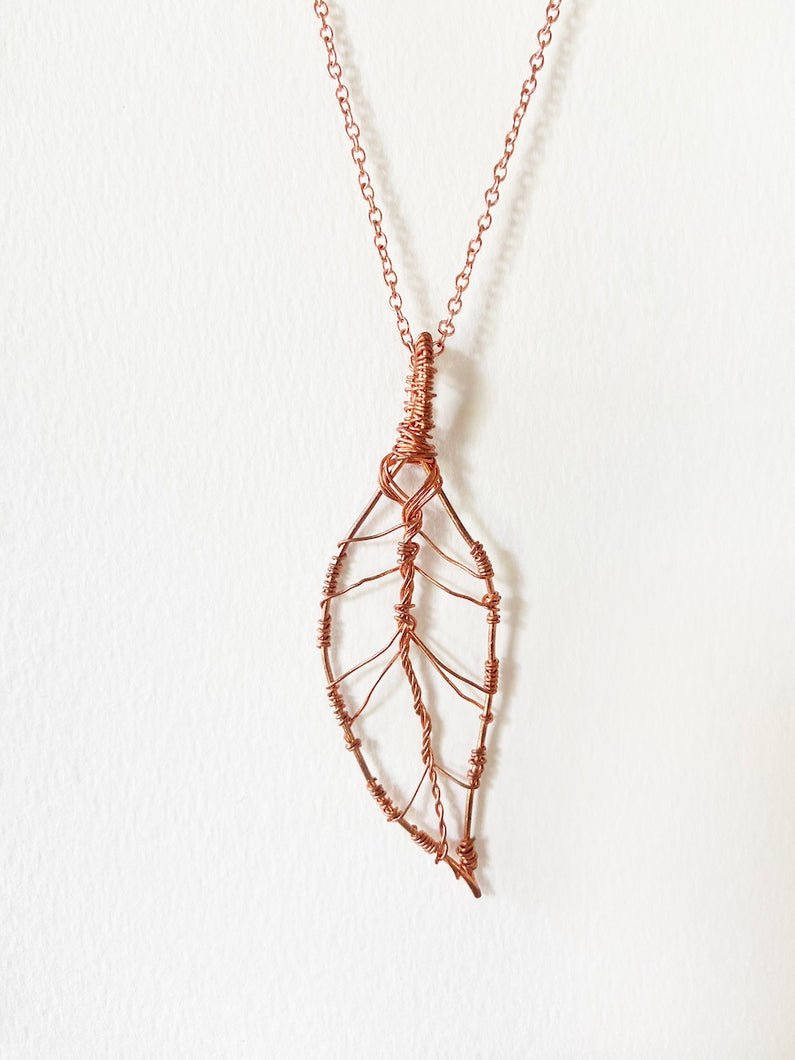 Wire-Wrapped Copper Leaf Pendant Necklace. Delicate Intricate Minimalist Modern Bohemian Nature Design. Authentic One-of-a-Kind Handmade Jewelry.