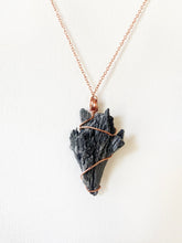 Load image into Gallery viewer, Black Kyanite Wire-Wrapped Copper Pendant Necklace. Genuine Real Raw Crystal Gemstone Sourced in Asheville, North Carolina. Minimalist Modern Bohemian Style Design. Authentic One-of-a-Kind Handmade Jewelry.

