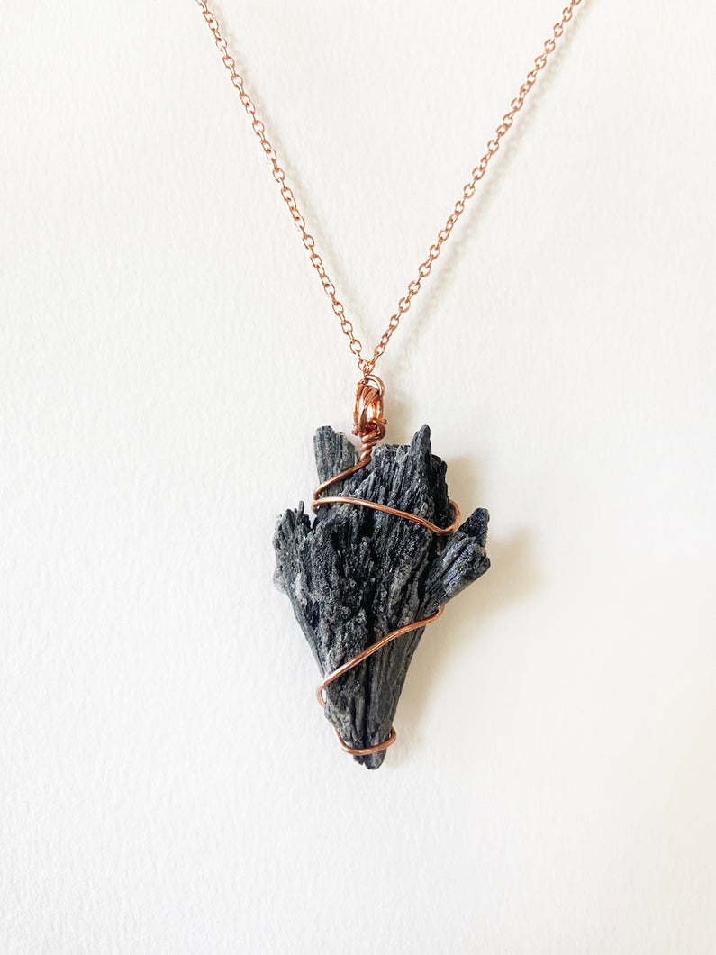 Black Kyanite Wire-Wrapped Copper Pendant Necklace. Genuine Real Raw Crystal Gemstone Sourced in Asheville, North Carolina. Minimalist Modern Bohemian Style Design. Authentic One-of-a-Kind Handmade Jewelry.