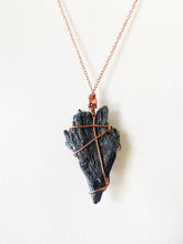Load image into Gallery viewer, Black Kyanite Wire-Wrapped Copper Pendant Necklace. Genuine Real Raw Crystal Gemstone Sourced in Asheville, North Carolina. Minimalist Modern Bohemian Style Design. Authentic One-of-a-Kind Handmade Jewelry.
