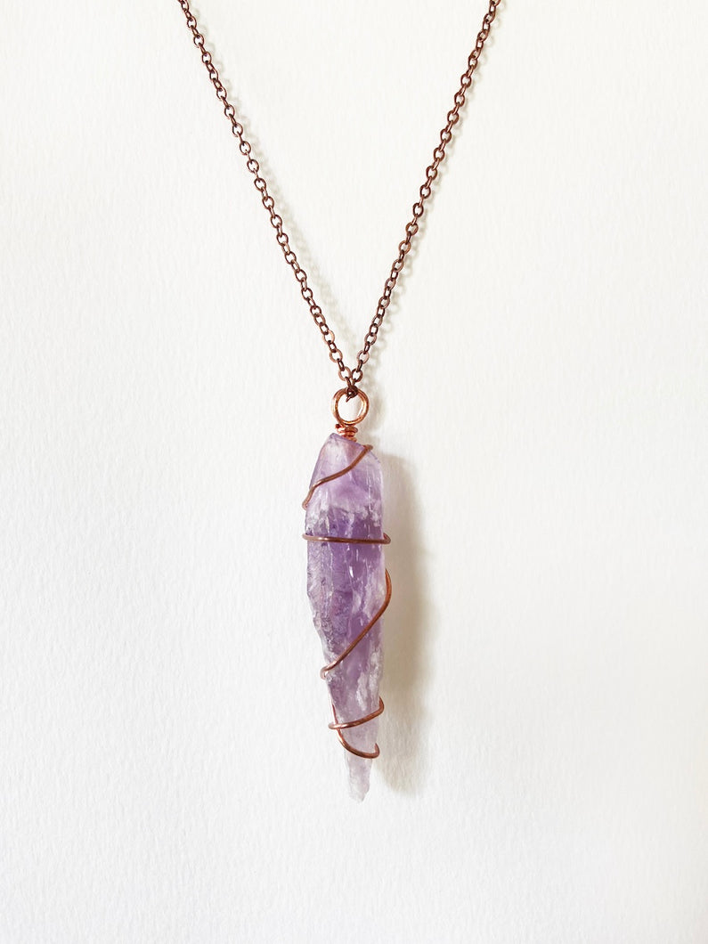 Amethyst Wire-Wrapped Copper Pendant Necklace. Genuine Real Raw Gemstone Crystal Shard Sourced in Asheville, North Carolina. Minimalist Modern Bohemian Style Design. Authentic One-of-a-Kind Handmade Jewelry.