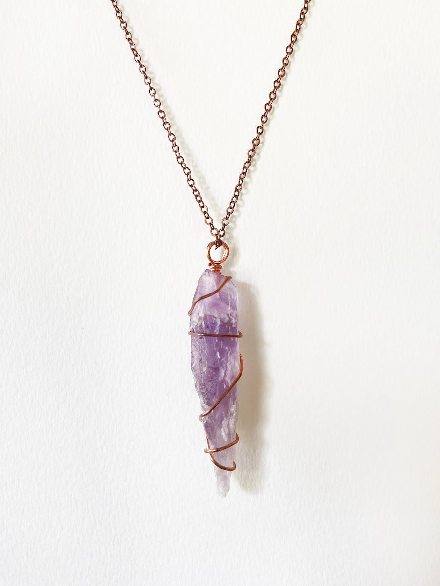 Amethyst Wire-Wrapped Copper Pendant Necklace. Genuine Real Raw Gemstone Crystal Shard Sourced in Asheville, North Carolina. Minimalist Modern Bohemian Style Design. Authentic One-of-a-Kind Handmade Jewelry.