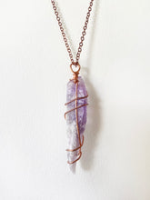 Load image into Gallery viewer, Amethyst Wire-Wrapped Copper Pendant Necklace. Genuine Real Raw Gemstone Crystal Shard Sourced in Asheville, North Carolina. Minimalist Modern Bohemian Style Design. Authentic One-of-a-Kind Handmade Jewelry.
