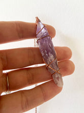 Load image into Gallery viewer, Amethyst Wire-Wrapped Copper Pendant Necklace. Genuine Real Raw Gemstone Crystal Shard Sourced in Asheville, North Carolina. Minimalist Modern Bohemian Style Design. Authentic One-of-a-Kind Handmade Jewelry.
