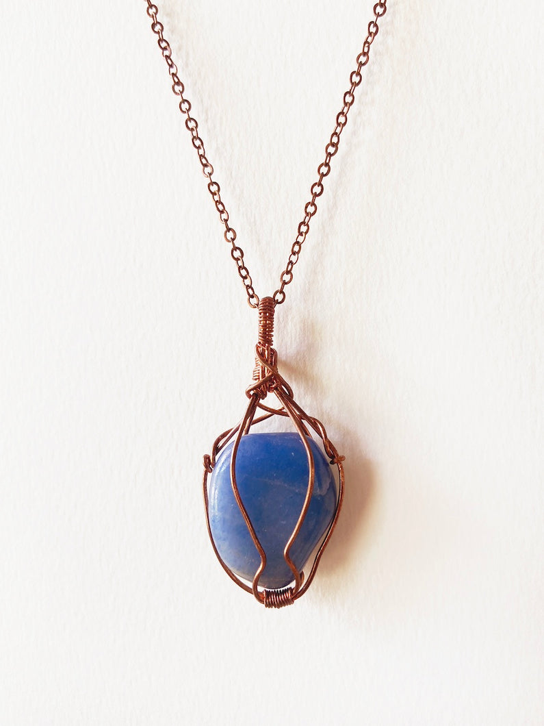 Violet Blue Agate Wire-Wrapped Copper Pendant Necklace. Genuine Real Raw Crystal Gemstone Sourced in Asheville, North Carolina. Minimalist Modern Bohemian Style Design. Authentic One-of-a-Kind Handmade Jewelry.