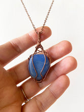 Load image into Gallery viewer, Violet Blue Agate Wire-Wrapped Copper Pendant Necklace. Genuine Real Raw Crystal Gemstone Sourced in Asheville, North Carolina. Minimalist Modern Bohemian Style Design. Authentic One-of-a-Kind Handmade Jewelry.
