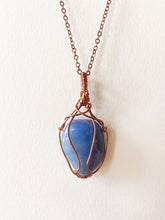 Load image into Gallery viewer, Violet Blue Agate Wire-Wrapped Copper Pendant Necklace. Genuine Real Raw Crystal Gemstone Sourced in Asheville, North Carolina. Minimalist Modern Bohemian Style Design. Authentic One-of-a-Kind Handmade Jewelry.
