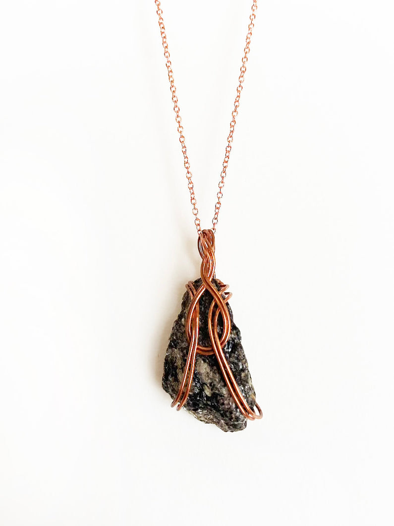 Black Diorite Wire-Wrapped Copper Pendant Necklace. Genuine Real Raw Crystal Gemstone. Foraged Rock Found on a Hike near Asheville in Western North Carolina. Minimalist Modern Bohemian Style with Circle Design. Authentic One-of-a-Kind Handmade Jewelry.