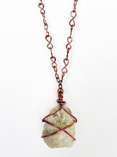 Load image into Gallery viewer, White Quartz &amp; Mica Wire-Wrapped Copper Pendant Necklace. Genuine Real Raw Crystal Gemstone. Foraged Rock Found on a Hike near Asheville in Western North Carolina. Minimalist Modern Bohemian Style with Criss Cross X Design. Authentic One-of-a-Kind Handmade Jewelry.
