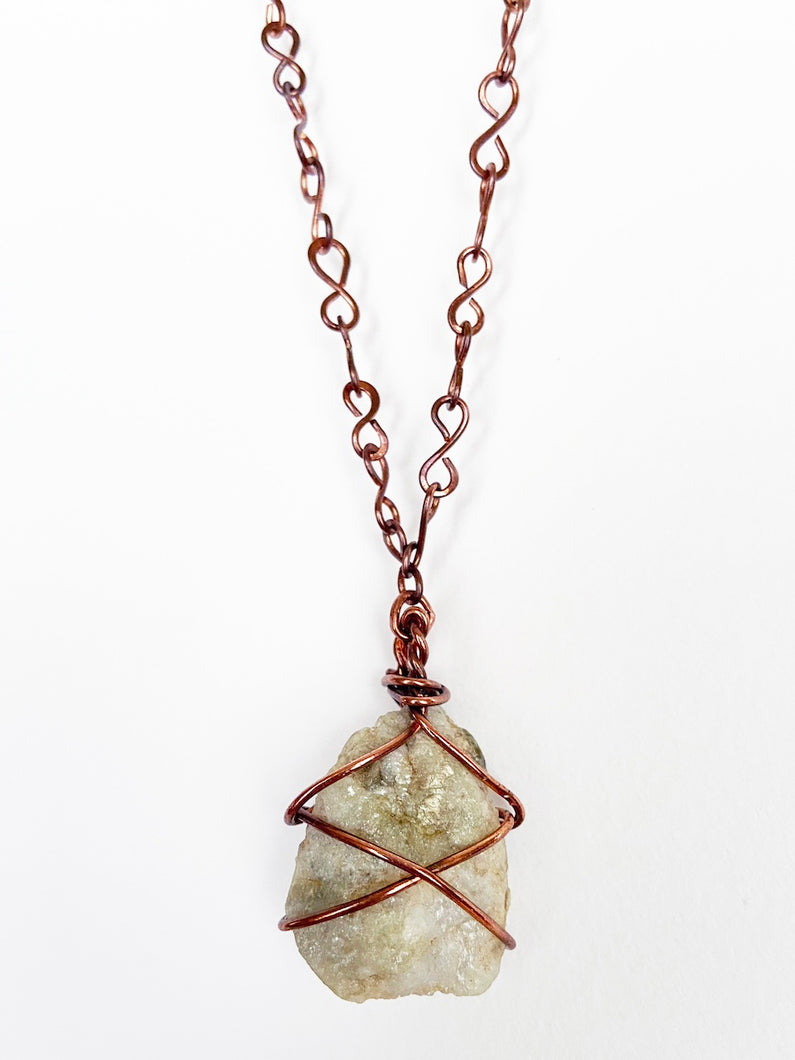 White Quartz & Mica Wire-Wrapped Copper Pendant Necklace. Genuine Real Raw Crystal Gemstone. Foraged Rock Found on a Hike near Asheville in Western North Carolina. Minimalist Modern Bohemian Style with Criss Cross X Design. Authentic One-of-a-Kind Handmade Jewelry.