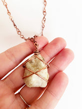 Load image into Gallery viewer, White Quartz &amp; Mica Wire-Wrapped Copper Pendant Necklace. Genuine Real Raw Crystal Gemstone. Foraged Rock Found on a Hike near Asheville in Western North Carolina. Minimalist Modern Bohemian Style with Criss Cross X Design. Authentic One-of-a-Kind Handmade Jewelry.
