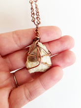 Load image into Gallery viewer, White Quartz &amp; Mica Wire-Wrapped Copper Pendant Necklace. Genuine Real Raw Crystal Gemstone. Foraged Rock Found on a Hike near Asheville in Western North Carolina. Minimalist Modern Bohemian Style with Criss Cross X Design. Authentic One-of-a-Kind Handmade Jewelry.
