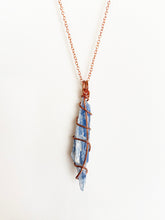 Load image into Gallery viewer, Blue Kyanite Wire-Wrapped Copper Pendant Necklace. Genuine Real Raw Gemstone Crystal Shard Sourced in Asheville, North Carolina. Minimalist Modern Bohemian Style Design. Authentic One-of-a-Kind Handmade Jewelry.
