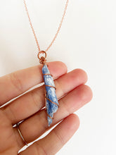 Load image into Gallery viewer, Blue Kyanite Wire-Wrapped Copper Pendant Necklace. Genuine Real Raw Gemstone Crystal Shard Sourced in Asheville, North Carolina. Minimalist Modern Bohemian Style Design. Authentic One-of-a-Kind Handmade Jewelry.
