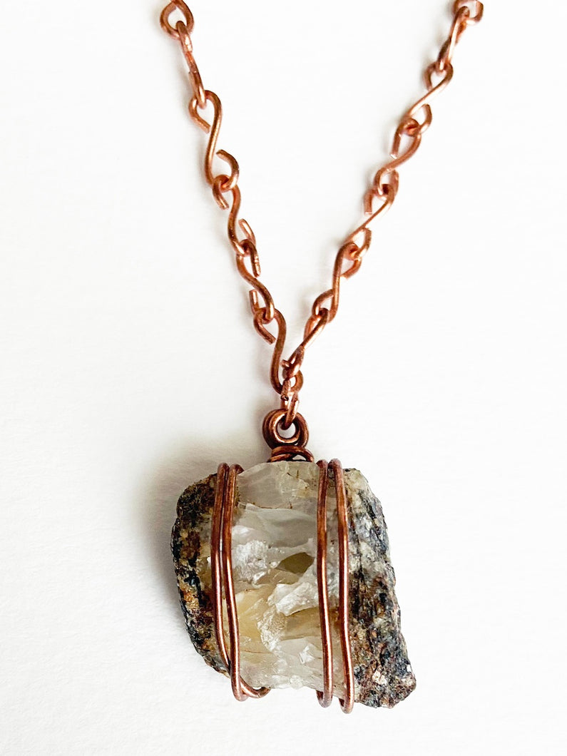 Quartz & Wire-Wrapped Copper Pendant Necklace. Genuine Real Raw Uncut Rough Crystal Gemstone. Foraged Rock Found on a Hike near Asheville in Western North Carolina. Minimalist Modern Bohemian Style Design. Authentic One-of-a-Kind Handmade Jewelry.