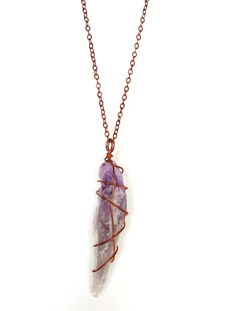 Amethyst Wire-Wrapped Copper Pendant Necklace. Genuine Real Raw Uncut Rough Gemstone Crystal Shard Sourced in Asheville, North Carolina. Minimalist Modern Bohemian Style Design. Authentic One-of-a-Kind Handmade Jewelry.