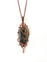 Load image into Gallery viewer, Black Mica (Biotite) Wire-Wrapped Copper Pendant Necklace. Genuine Real Raw Rough Uncut Sparkling Crystal Gemstone. Foraged Rock Found on a Hike near Asheville in Western North Carolina. Minimalist Modern Bohemian Style Design. Authentic One-of-a-Kind Handmade Jewelry.
