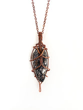 Load image into Gallery viewer, Black Mica (Biotite) Wire-Wrapped Copper Pendant Necklace. Genuine Real Raw Rough Uncut Sparkling Crystal Gemstone. Foraged Rock Found on a Hike near Asheville in Western North Carolina. Minimalist Modern Bohemian Style Design. Authentic One-of-a-Kind Handmade Jewelry.
