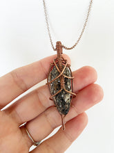 Load image into Gallery viewer, Black Mica (Biotite) Wire-Wrapped Copper Pendant Necklace. Genuine Real Raw Rough Uncut Sparkling Crystal Gemstone. Foraged Rock Found on a Hike near Asheville in Western North Carolina. Minimalist Modern Bohemian Style Design. Authentic One-of-a-Kind Handmade Jewelry.
