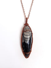 Load image into Gallery viewer, Ancient Orthoceras Fossial &amp; Wire-Wrapped Antique Copper Pendant Necklace. Genuine Real Oblong Black Gemstone Sourced in Asheville, North Carolina. Minimalist Modern Bohemian Style Design. Authentic One-of-a-Kind Handmade Jewelry.
