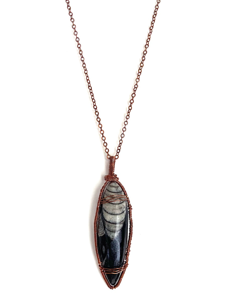 Ancient Orthoceras Fossial & Wire-Wrapped Antique Copper Pendant Necklace. Genuine Real Oblong Black Gemstone Sourced in Asheville, North Carolina. Minimalist Modern Bohemian Style Design. Authentic One-of-a-Kind Handmade Jewelry.