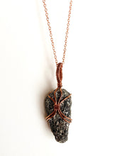 Load image into Gallery viewer, Black Mica (Biotite) Wire-Wrapped Copper Pendant Necklace. Genuine Real Raw Rough Uncut Sparkling Crystal Gemstone. Foraged Rock Found on a Hike near Asheville in Western North Carolina. Minimalist Modern Bohemian Style Design. Authentic One-of-a-Kind Handmade Jewelry.
