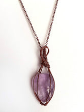 Load image into Gallery viewer, Amethyst Wire-Wrapped Copper Pendant Necklace. Genuine Real Raw Purple Crystal Gemstone Sourced in Asheville, North Carolina. Minimalist Modern Bohemian Style with Swirl or Swoop Design. Authentic One-of-a-Kind Handmade Jewelry.
