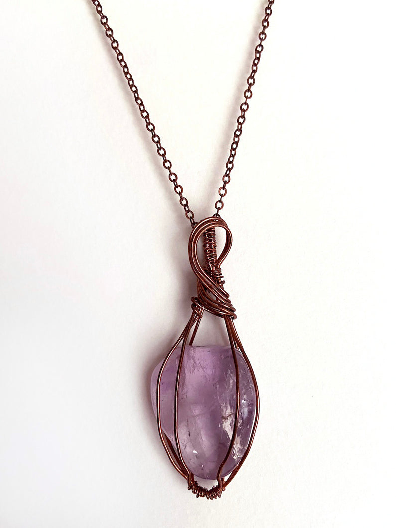 Amethyst Wire-Wrapped Copper Pendant Necklace. Genuine Real Raw Purple Crystal Gemstone Sourced in Asheville, North Carolina. Minimalist Modern Bohemian Style with Swirl or Swoop Design. Authentic One-of-a-Kind Handmade Jewelry.