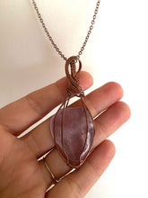 Load image into Gallery viewer, Amethyst Wire-Wrapped Copper Pendant Necklace. Genuine Real Raw Purple Crystal Gemstone Sourced in Asheville, North Carolina. Minimalist Modern Bohemian Style with Swirl or Swoop Design. Authentic One-of-a-Kind Handmade Jewelry.
